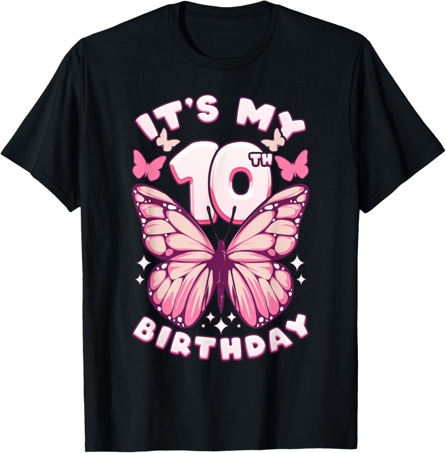 10th Birthday Girl 10 Years Old Butterflies and Number T-Shirt - T-Shirt | Black