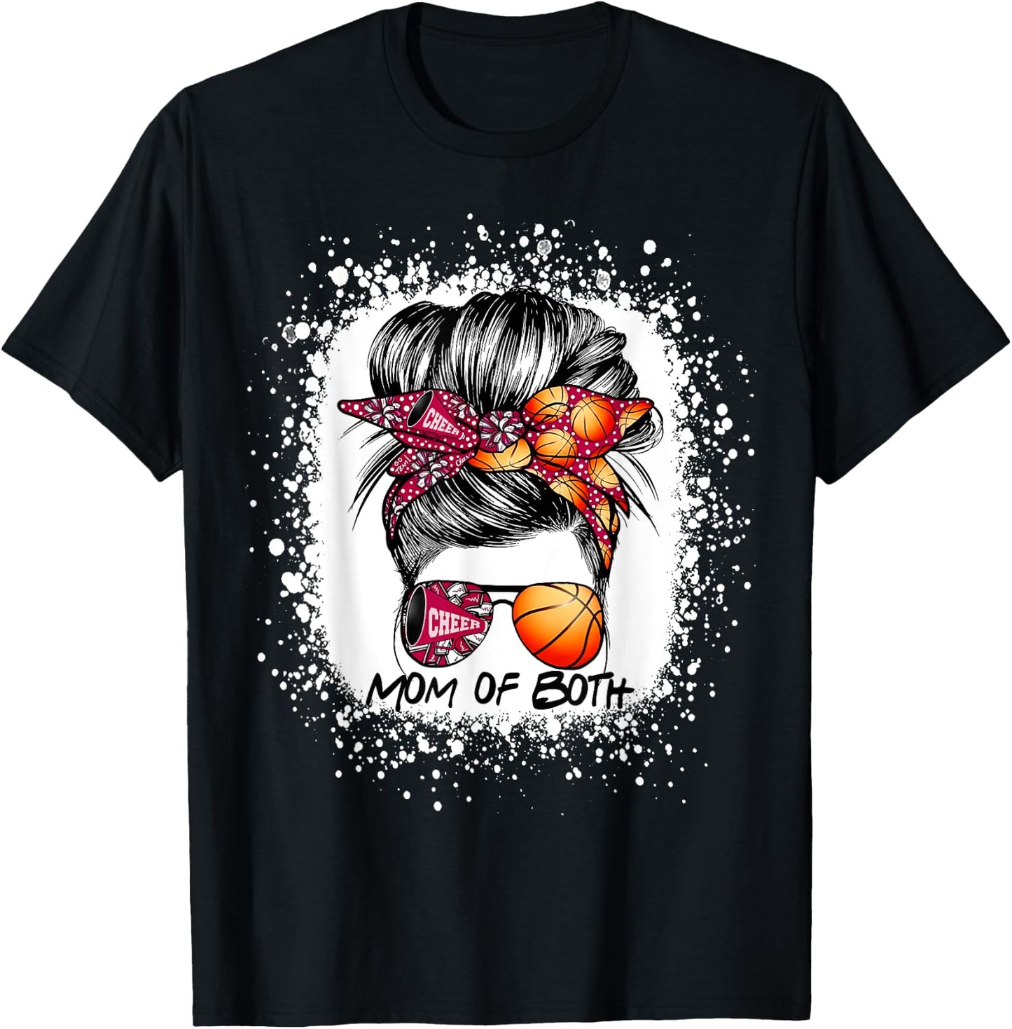 Mom Of Both Cheer Mom Basketball Mom Messy Bun Mother's Day T-Shirt - T-Shirt | Black