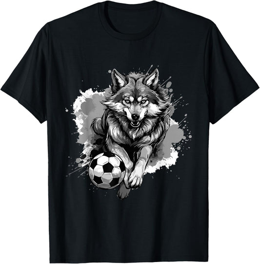 Wolf Playing Soccer | Animal Sports Team T-Shirt - T-Shirt | Black