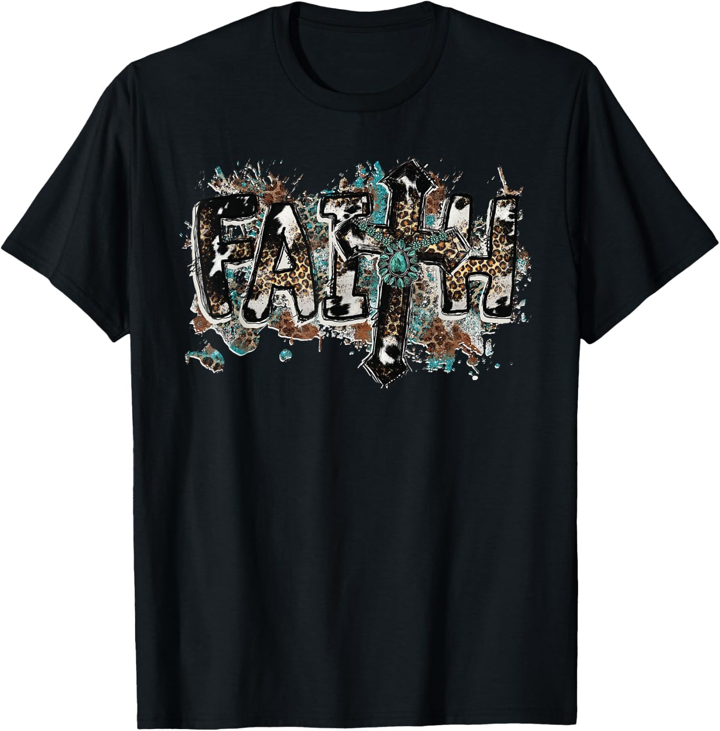Grunge Faith T Christian Turquoise Leopard Faith Cross Jesus T-Shirt - T-Shirt | Black