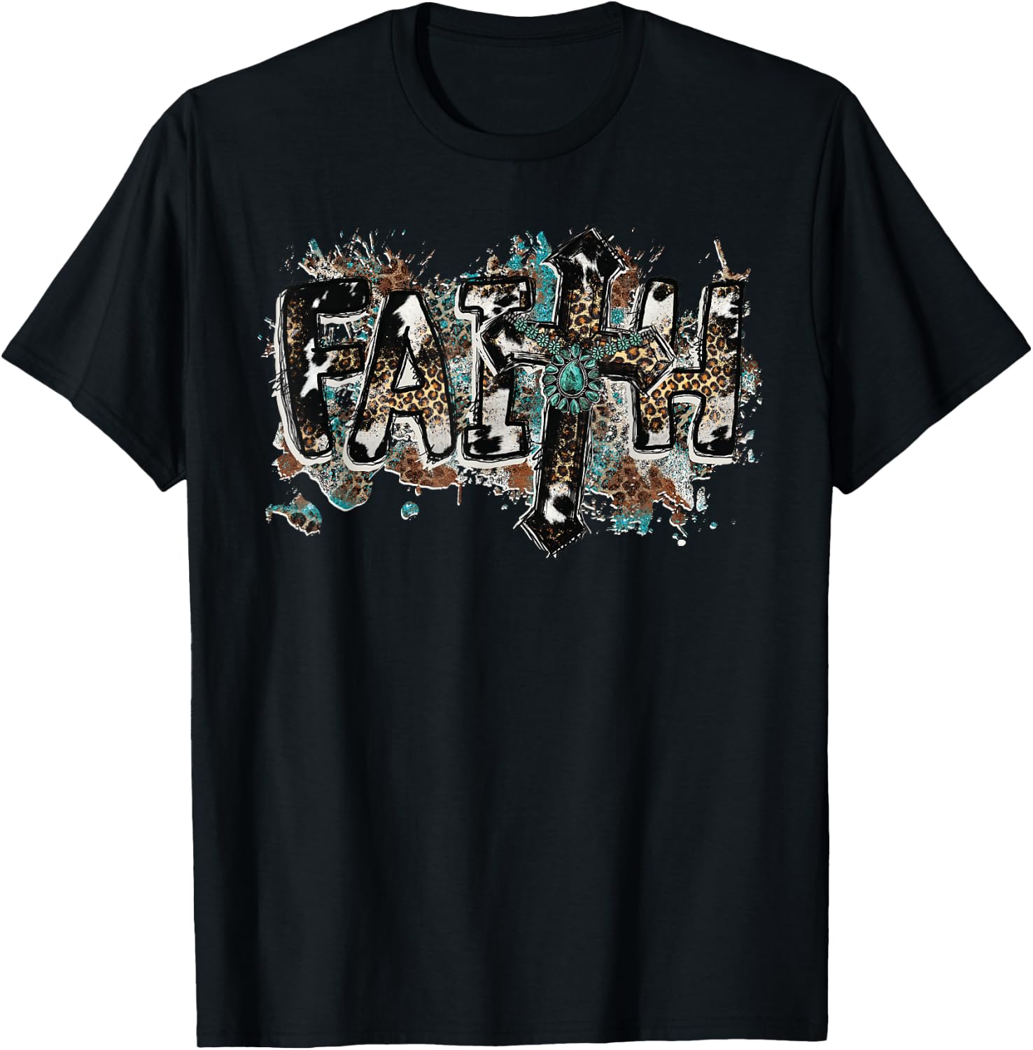 Grunge Faith T Christian Turquoise Leopard Faith Cross Jesus T-Shirt - T-Shirt | Black