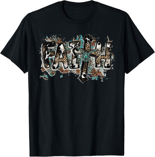 Grunge Faith T Christian Turquoise Leopard Faith Cross Jesus T-Shirt - T-Shirt | Black