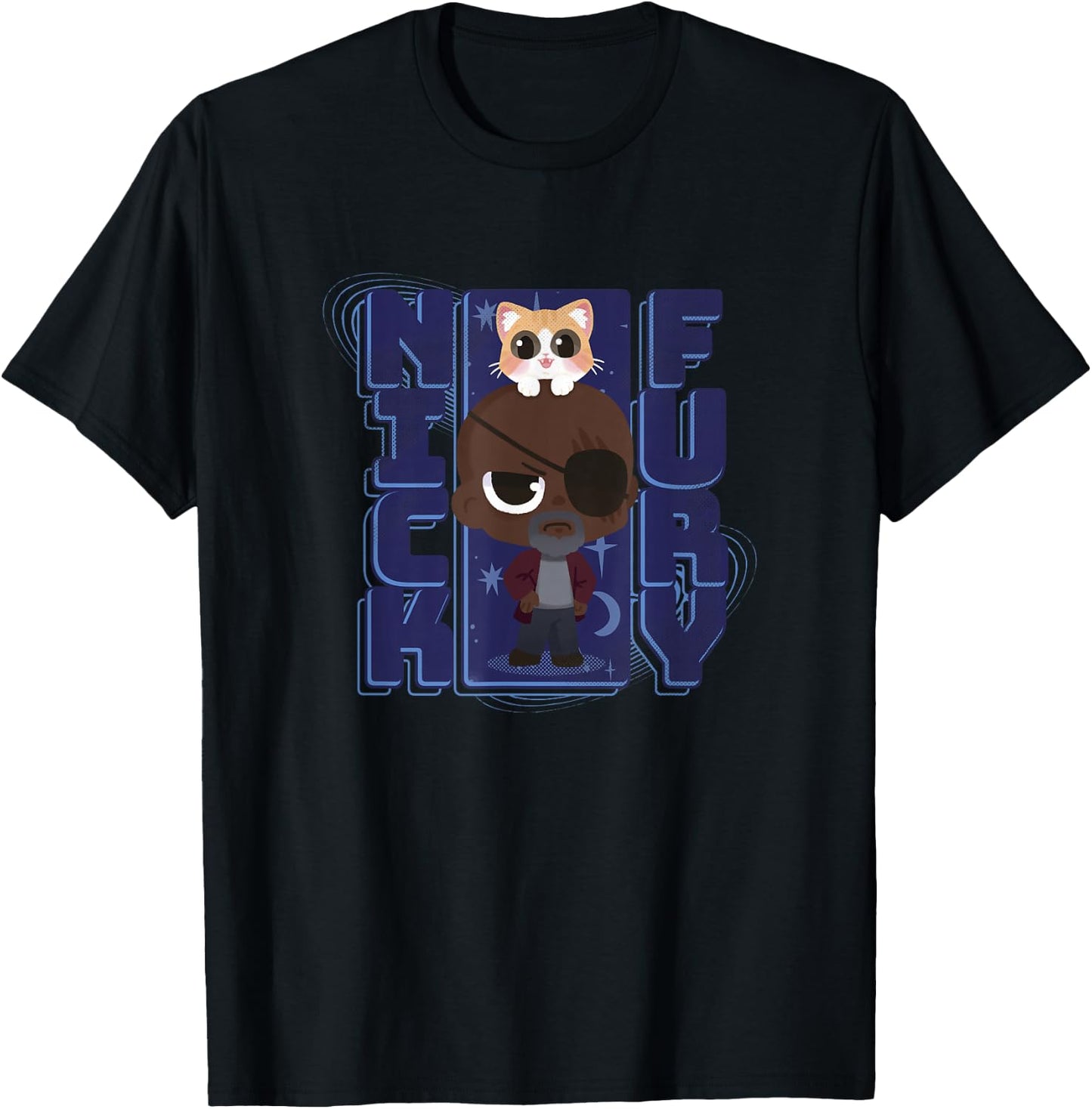 Marvel The Marvels Nick Fury Flerken Chibi Space Portrait T-Shirt - T-Shirt | Black