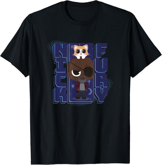 Marvel The Marvels Nick Fury Flerken Chibi Space Portrait T-Shirt - T-Shirt | Black