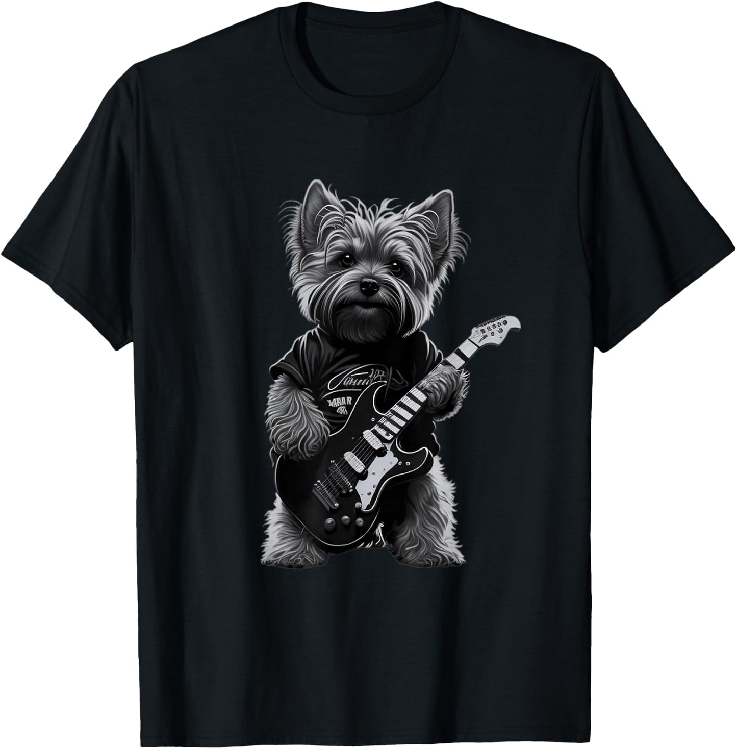 Funny Rock Dog Guitarist Rock Yorkie Playing Guitar T-Shirt - T-Shirt | Black