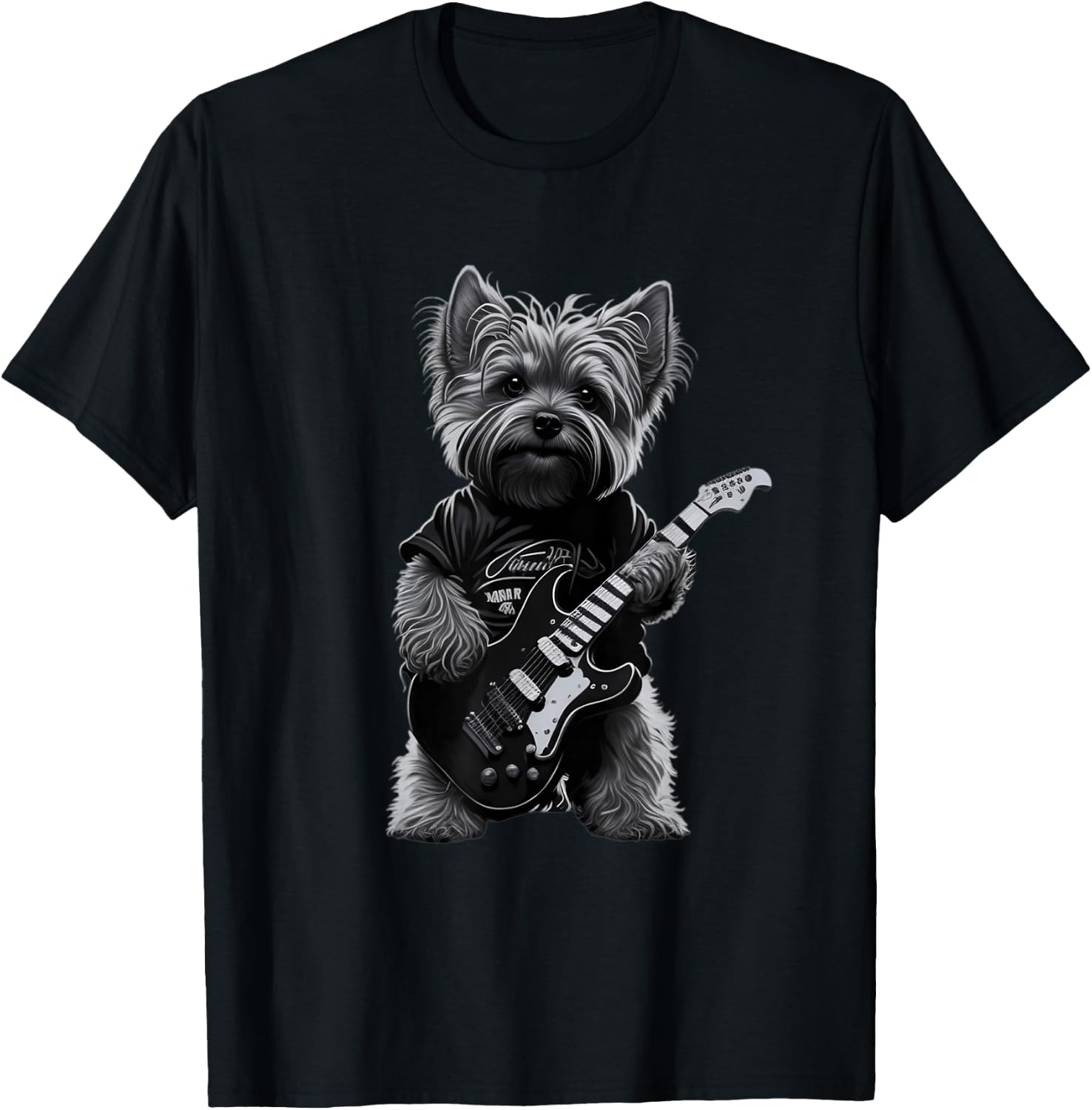 Funny Rock Dog Guitarist Rock Yorkie Playing Guitar T-Shirt - T-Shirt | Black