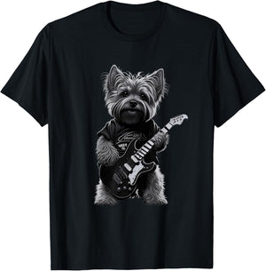 Funny Rock Dog Guitarist Rock Yorkie Playing Guitar T-Shirt - T-Shirt | Black