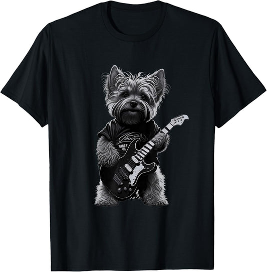 Funny Rock Dog Guitarist Rock Yorkie Playing Guitar T-Shirt - T-Shirt | Black