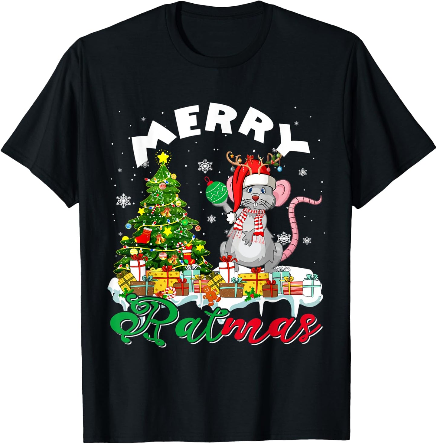 Merry Xmas Santa Reindeer Rat Sitting With Xmas Presents T-Shirt - T-Shirt | Black