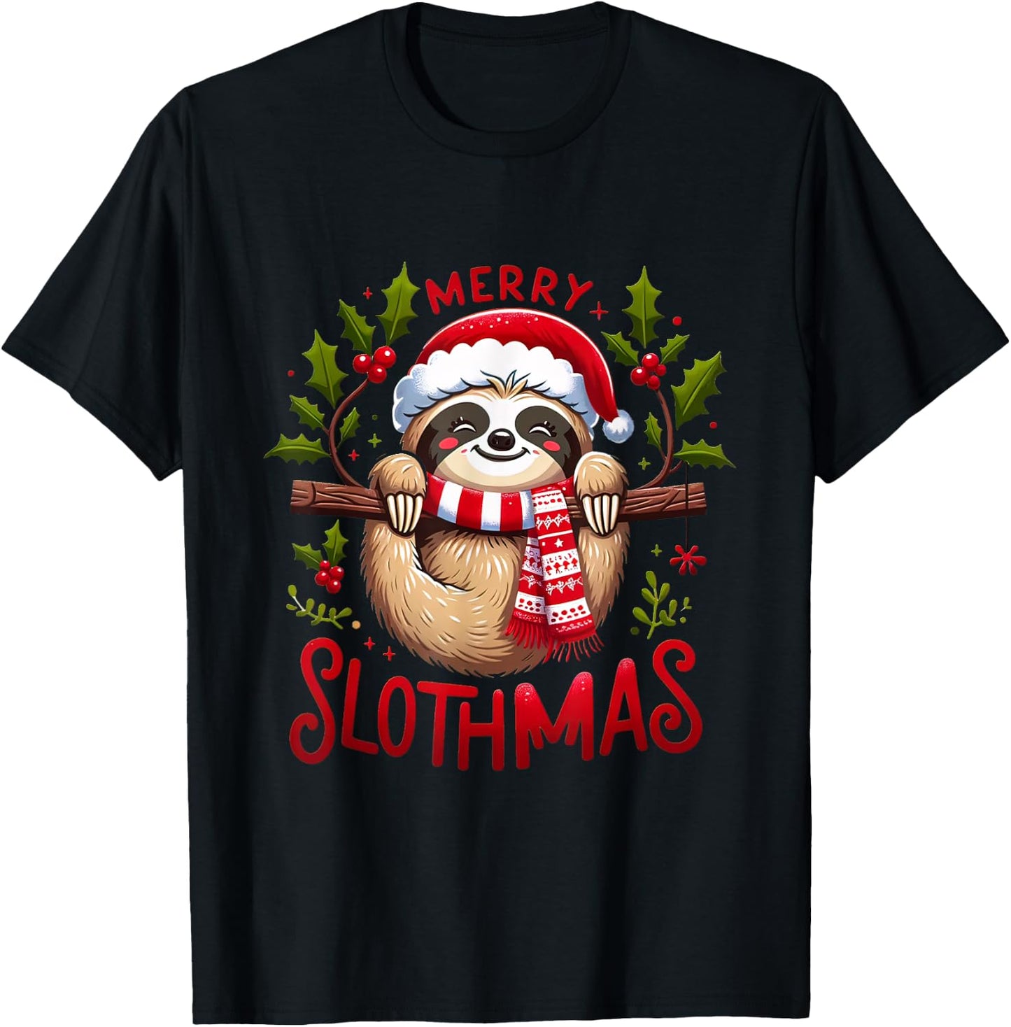 Merry Slothmas Cute Sloth Christmas Pajamas Women Girl Kids T-Shirt - T-Shirt | Black