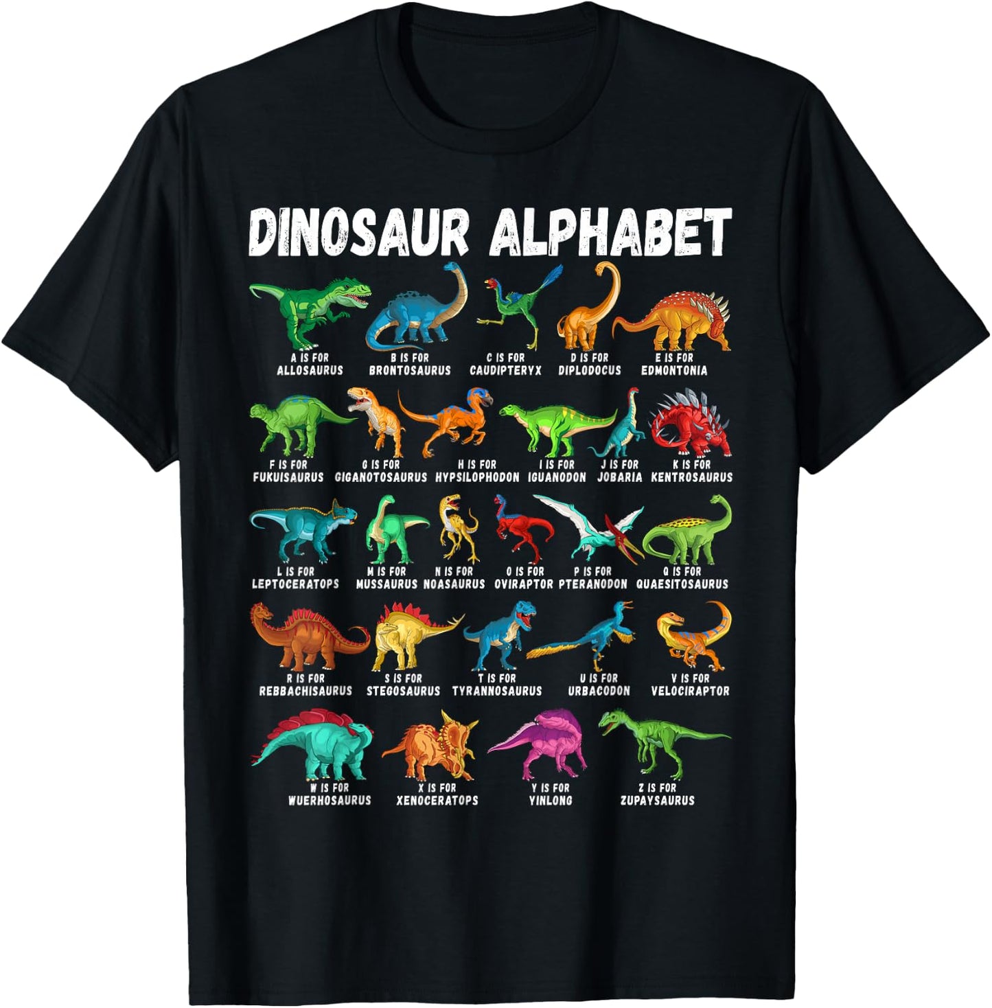 Types Of Dinosaurs Alphabet A-Z ABC Dino Identification T-Shirt - T-Shirt | Black