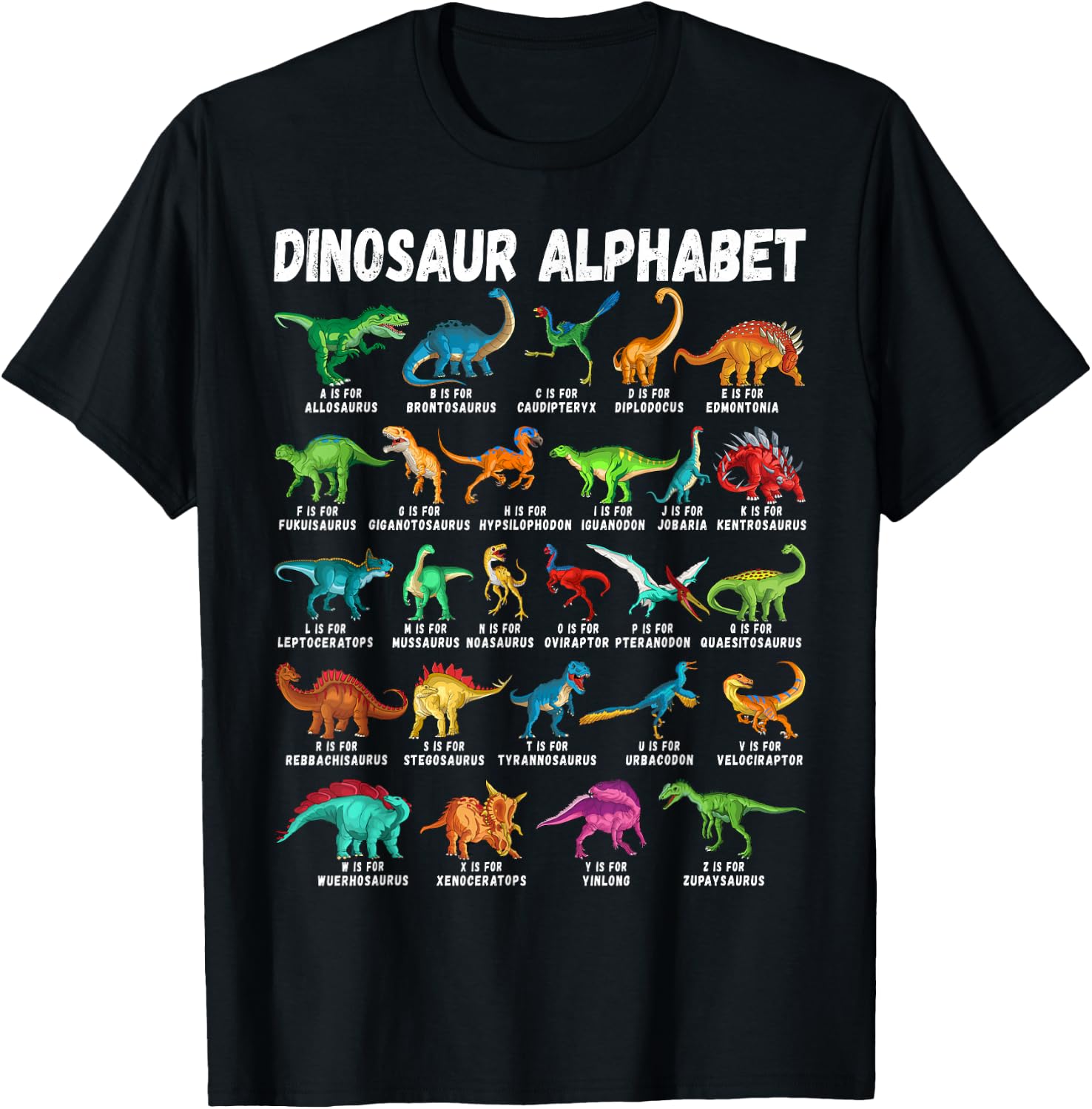 Types Of Dinosaurs Alphabet A-Z ABC Dino Identification T-Shirt - T-Shirt | Black
