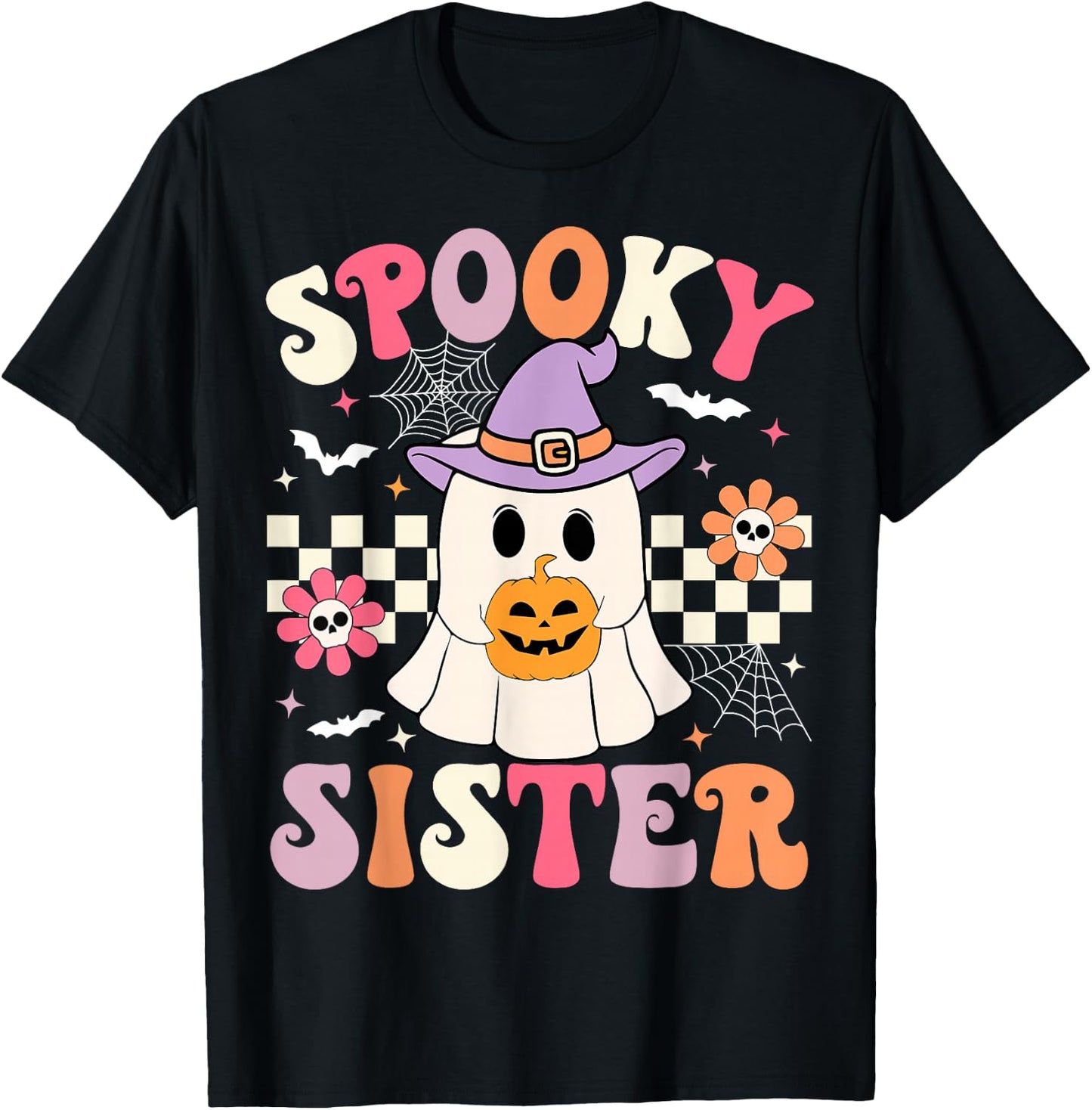 Groovy Spooky Sister Retro Ghost Holding Pumpkin Halloween T-Shirt - T-Shirt | Black