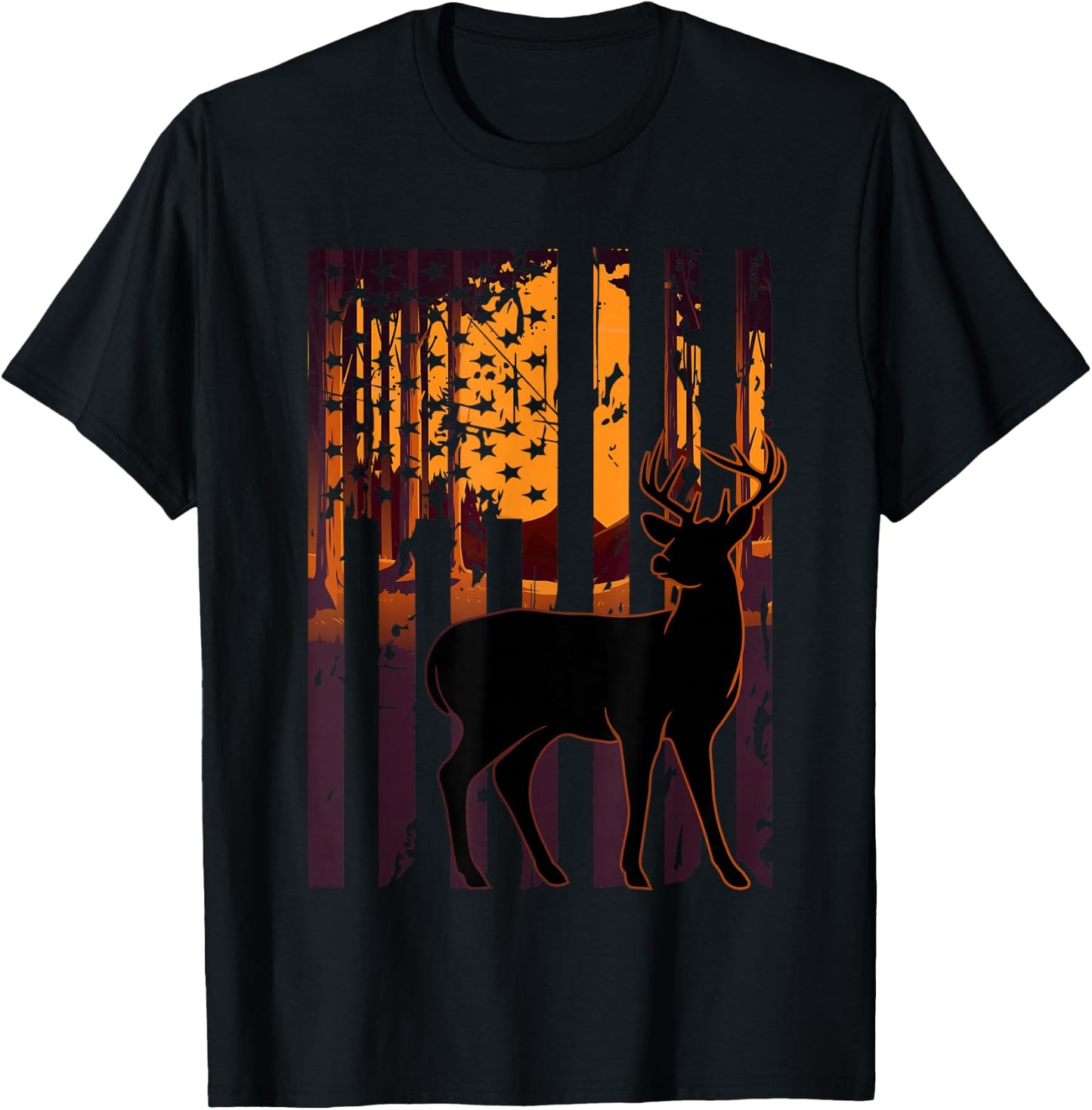 USA Flag Deer Hunting Setting Sun Funny Bow Hunters Outfit T-Shirt - T-Shirt | Black