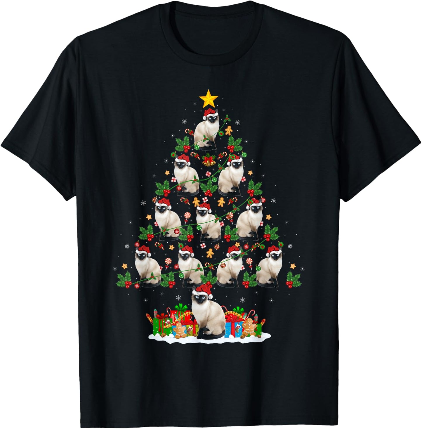 Lighting Xmas Holiday Santa Balinese Cat Christmas Tree Women Kids T-Shirt - T-Shirt | Black