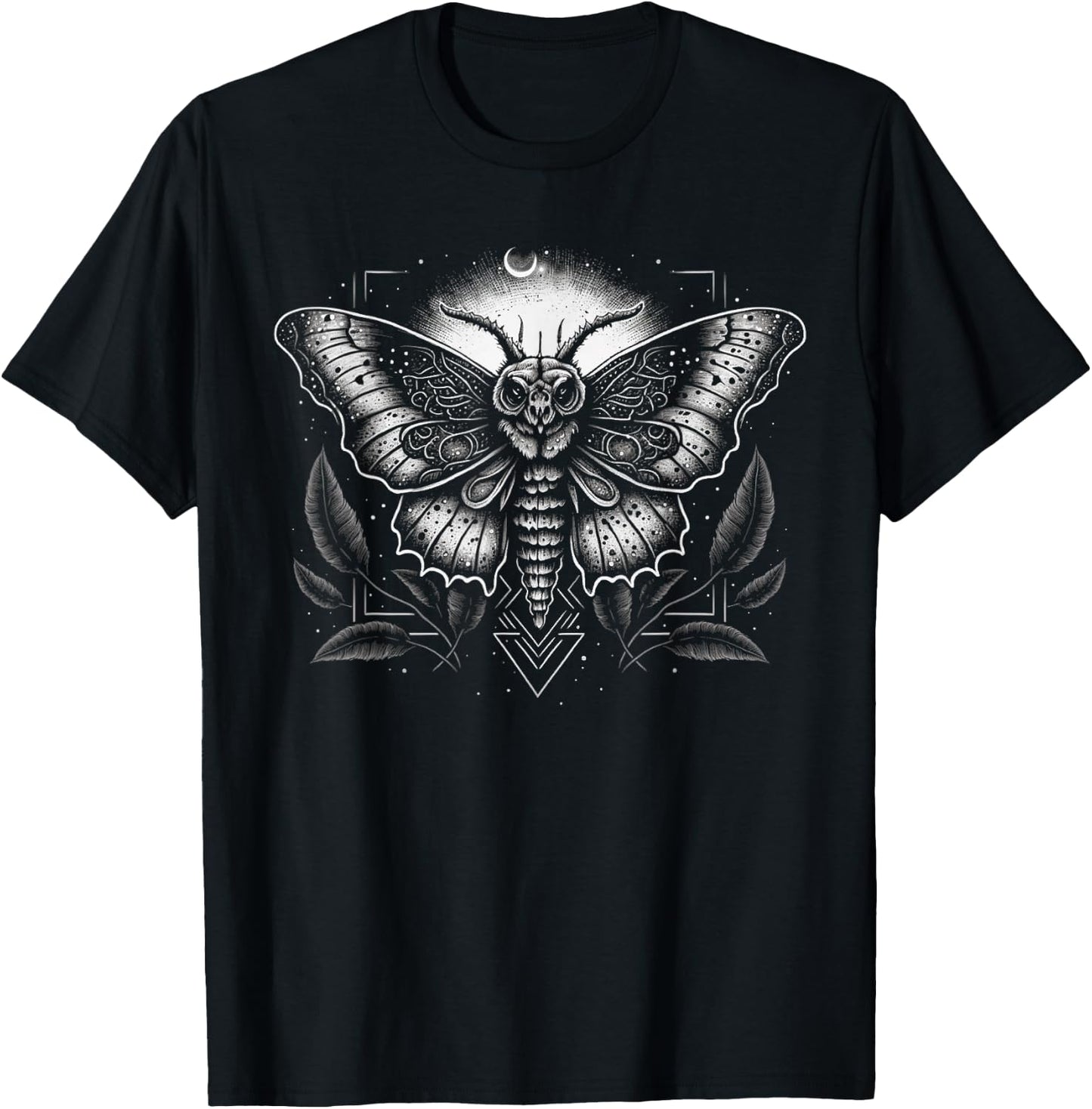 Moth Moon Geometry Heterocera Folkloric Wiccan Nature Goth T-Shirt - T-Shirt | Black