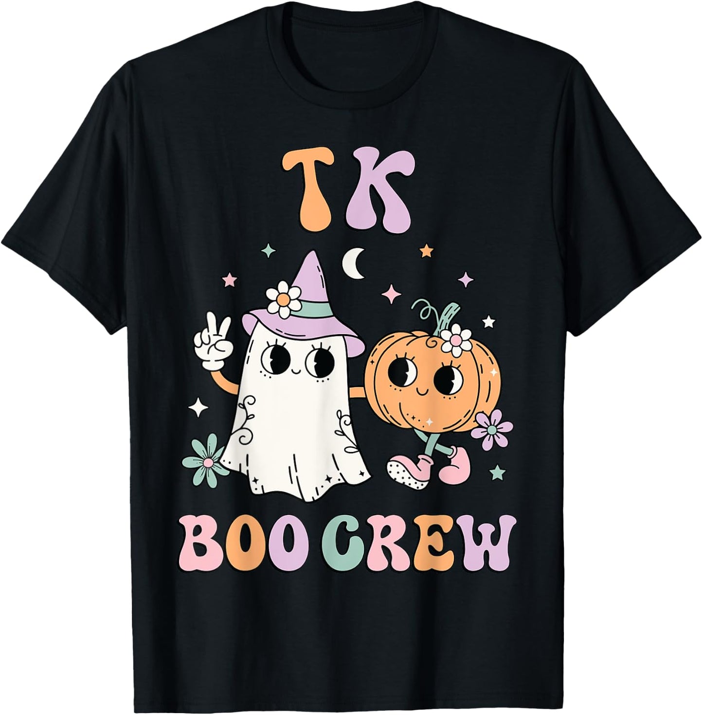 TK Boo Crew Retro Groovy Halloween Floral Ghost TK Teacher Men Women Kids T-Shirt - T-Shirt | Black