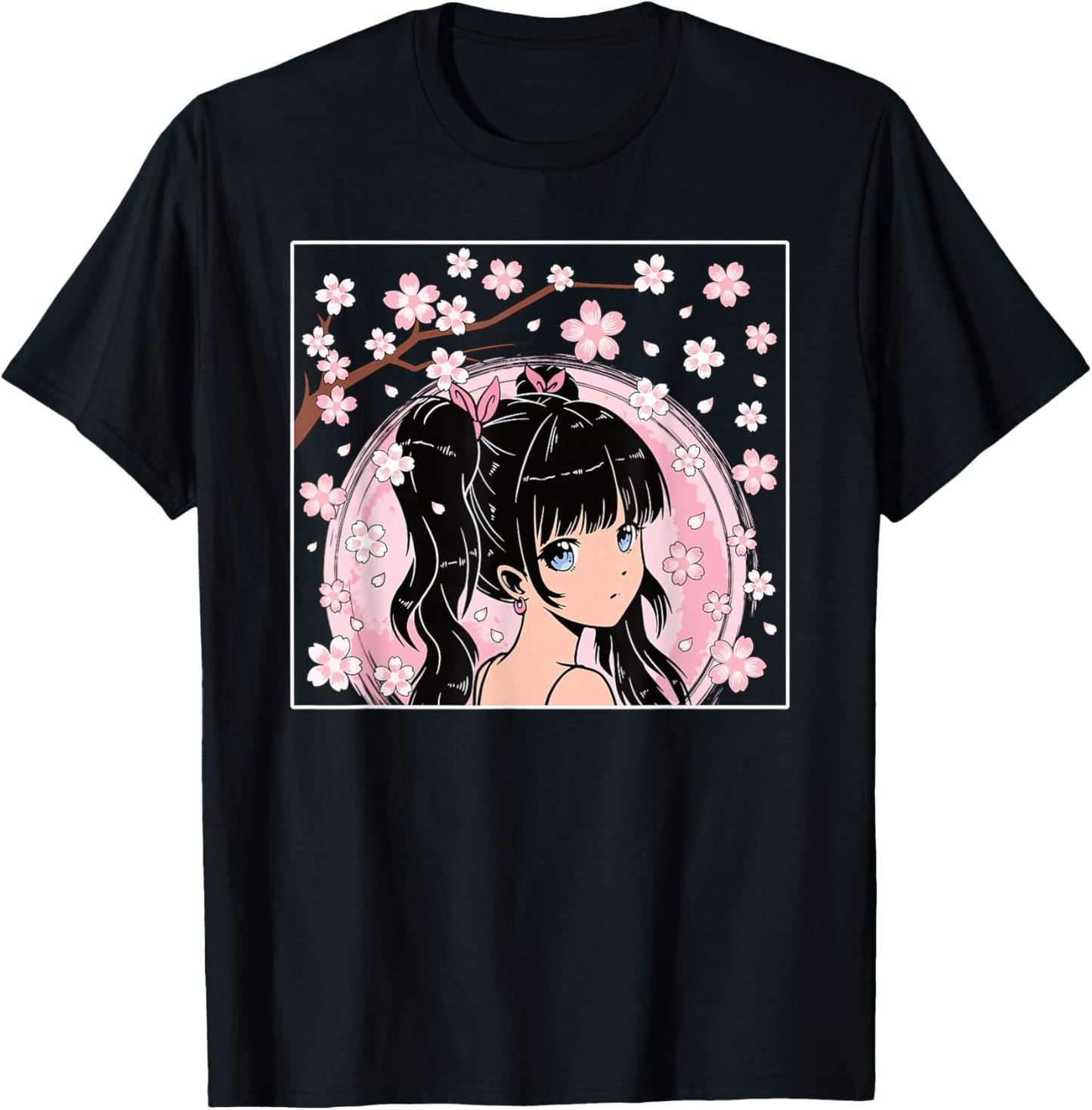 Japanese Anime Girl Manga Otaku Cherry Blossom Women Girls T-Shirt - T-Shirt | Black