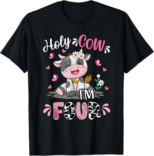 Holy Cow I'm Four 4 Years Old 4th Birthday Girl Outfit T-Shirt - T-Shirt | Black