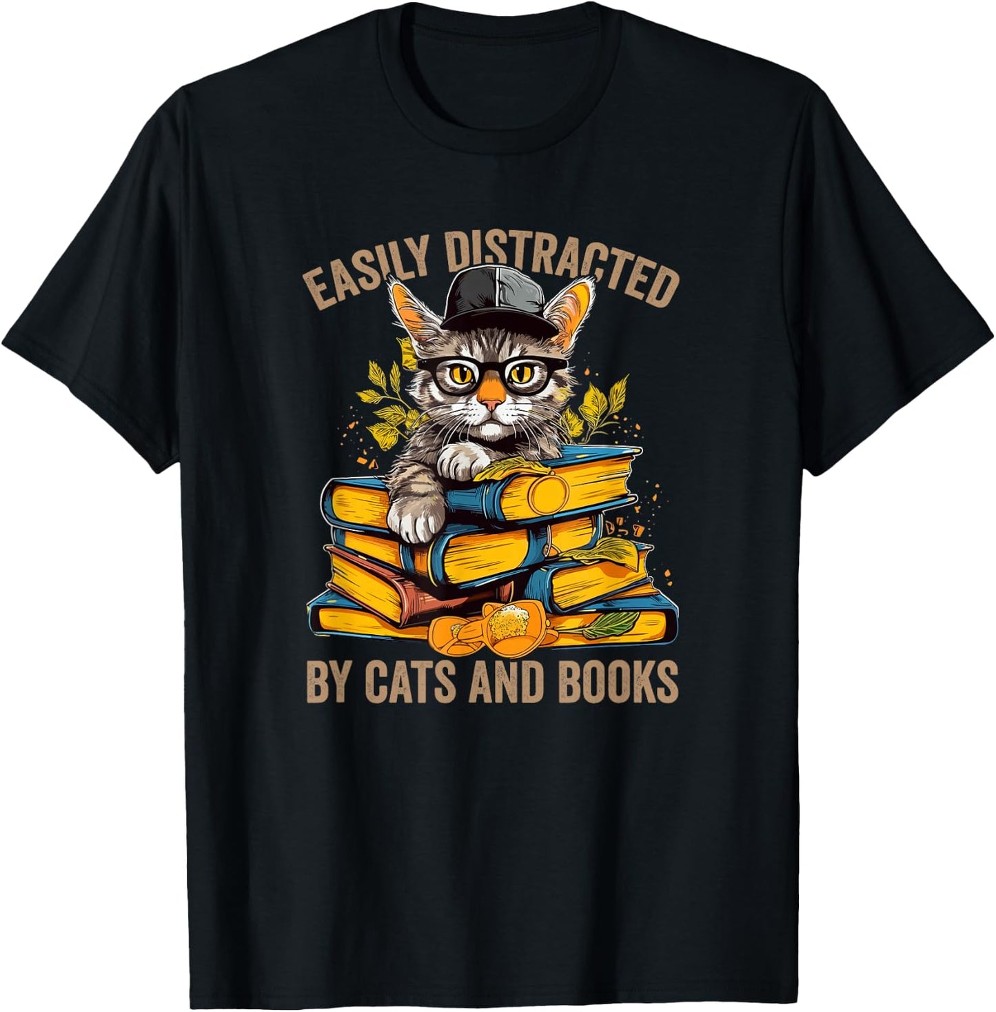 Easily Distracted by Cats and Books Book Reading Lovers T-Shirt - T-Shirt | Black