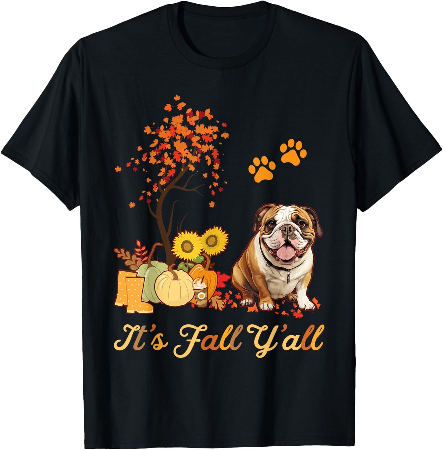 English Bulldog Fall Leaves Autumn Maple Tree Thanksgiving T-Shirt - T-Shirt | Black