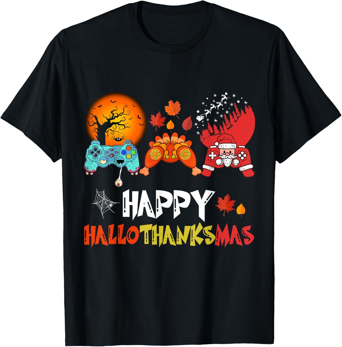 Halloween Thanksgiving Xmas Happy HalloThanksMas Video Game T-Shirt - T-Shirt | Black