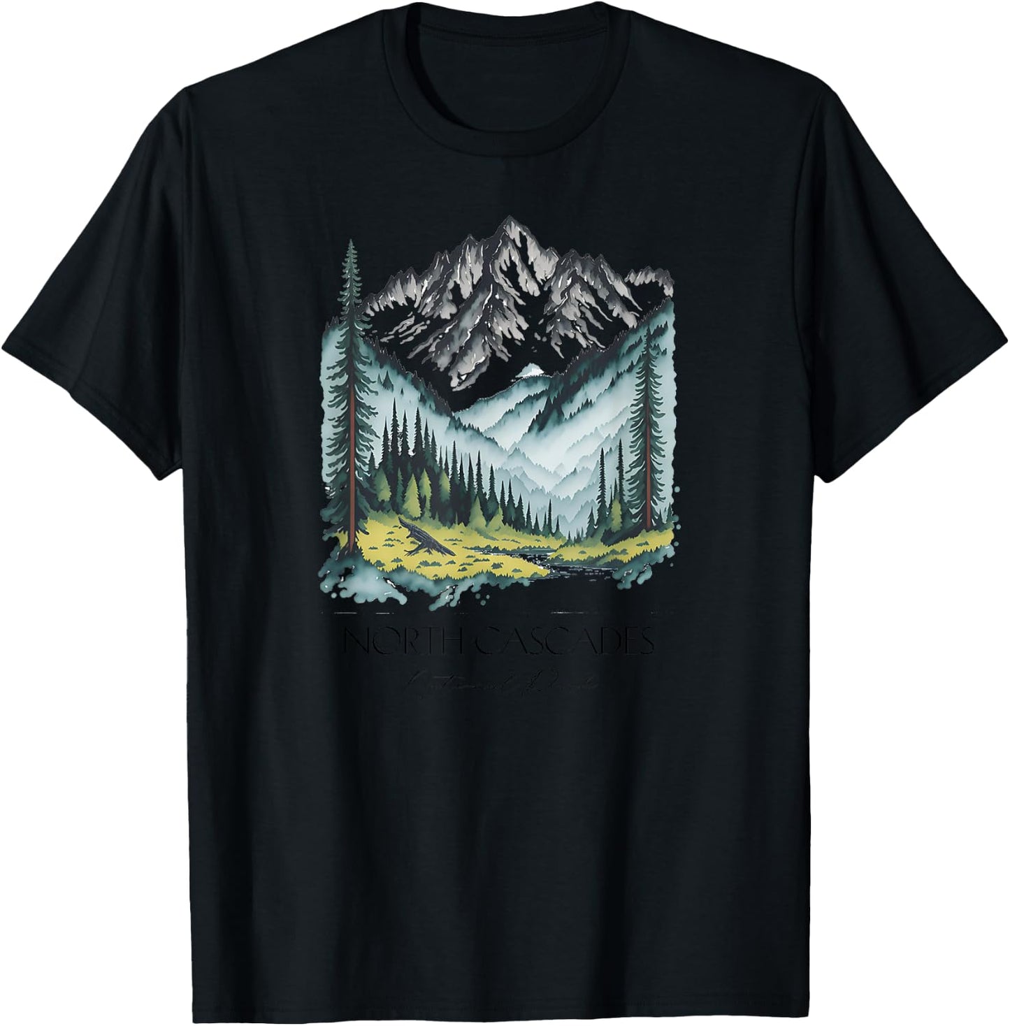 Cool North Cascades National Park Hiking Watercolor Graphic T-Shirt - T-Shirt | Black