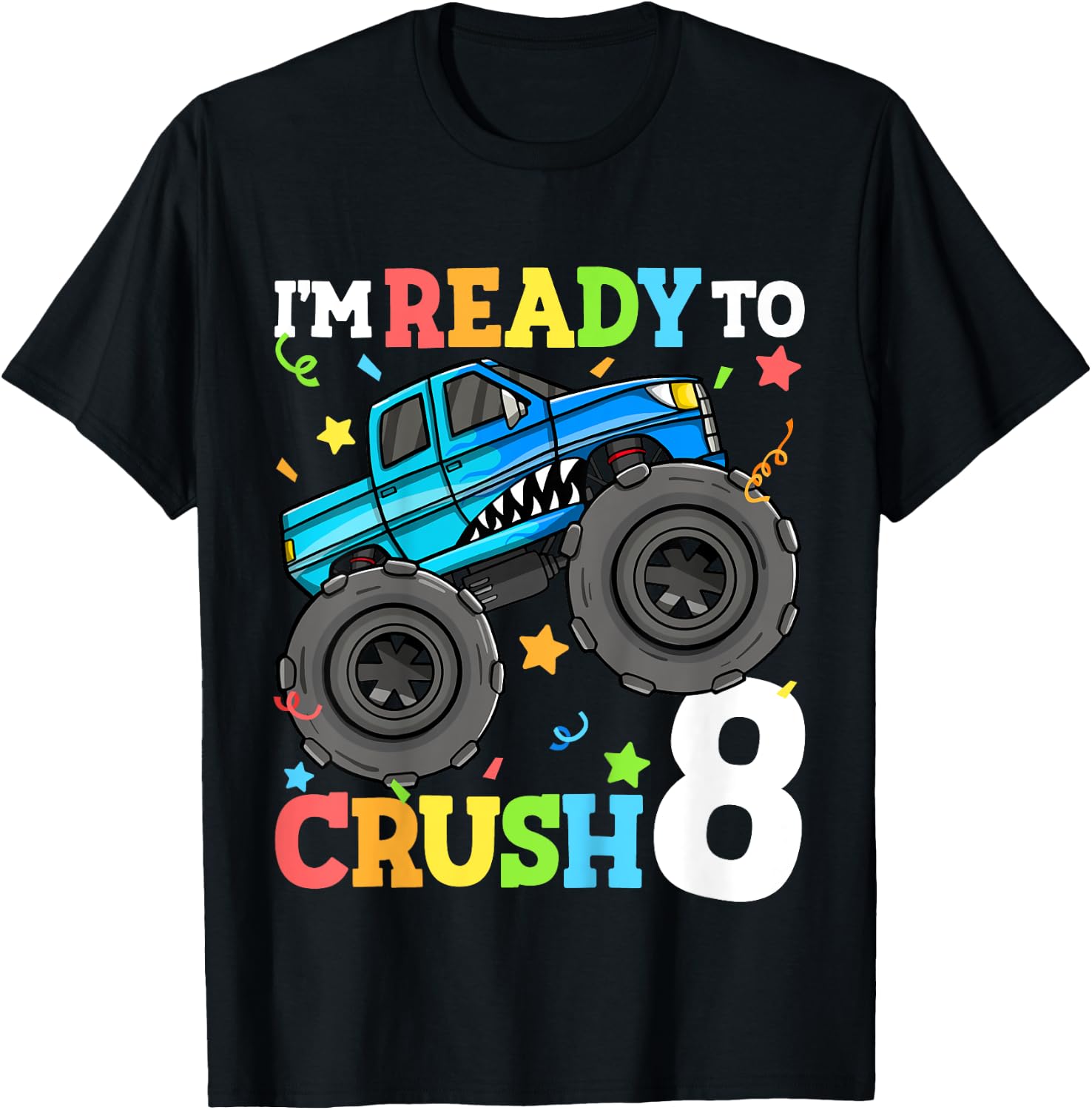 Kids Monster Truck Shark 8th Birthday Boy 8 Eight Year Old T-Shirt - T-Shirt | Black