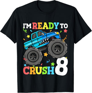 Kids Monster Truck Shark 8th Birthday Boy 8 Eight Year Old T-Shirt - T-Shirt | Black