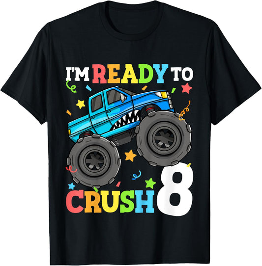 Kids Monster Truck Shark 8th Birthday Boy 8 Eight Year Old T-Shirt - T-Shirt | Black