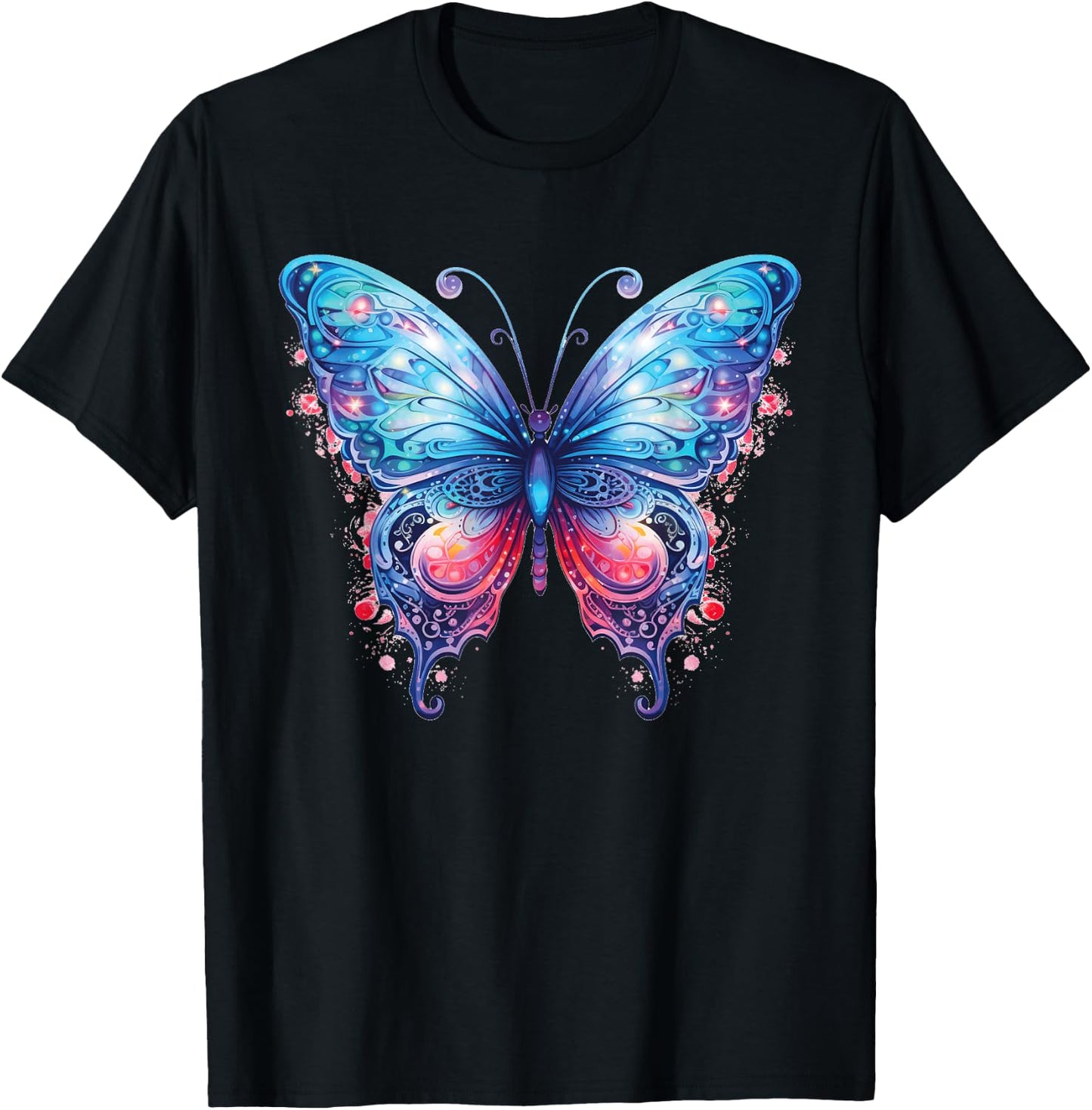 Women's Fantasy Art Blue and Pink Butterfly Cute T-Shirt - T-Shirt | Black