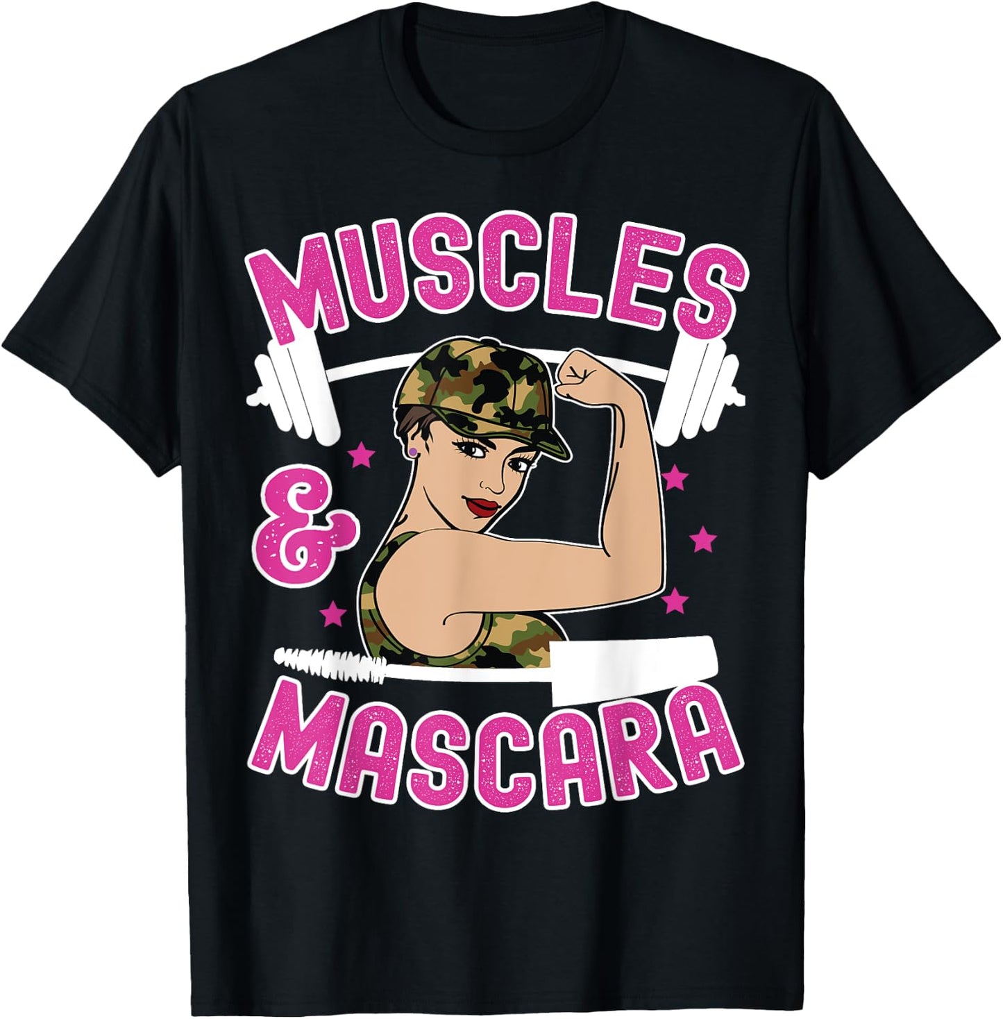 Muscles and Mascara Female Weight Lifter Gym Work Out Funny T-Shirt - T-Shirt | Black
