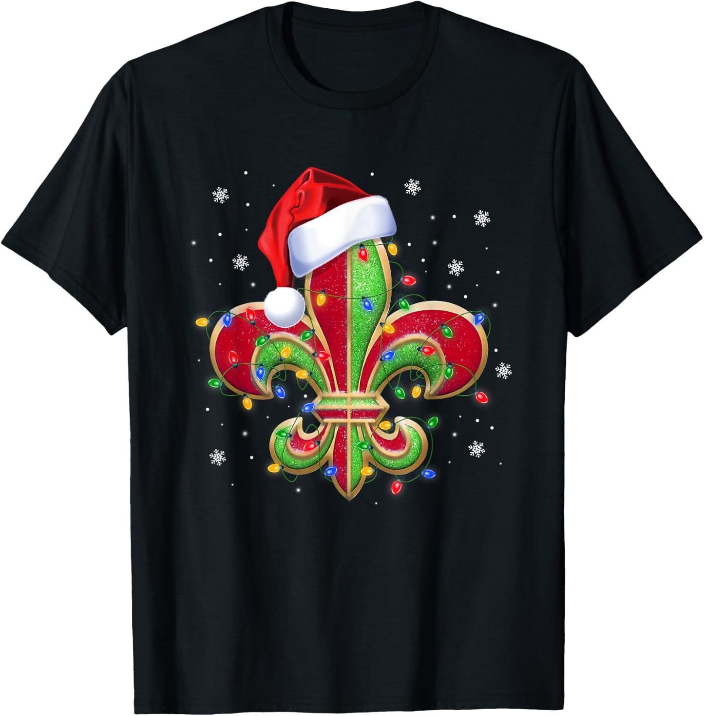 Fleur De Lis Christmas Ornament with Santa Hat Xmas Lights T-Shirt - T-Shirt | Black