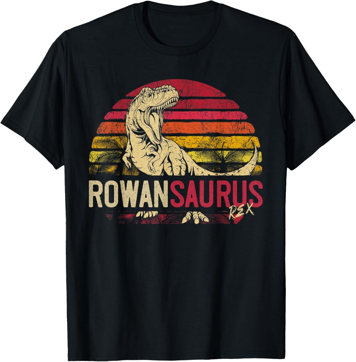 Rowan Saurus Funny Personalized Dinosaur T Rex Name Boy Gift T-Shirt - T-Shirt | Black