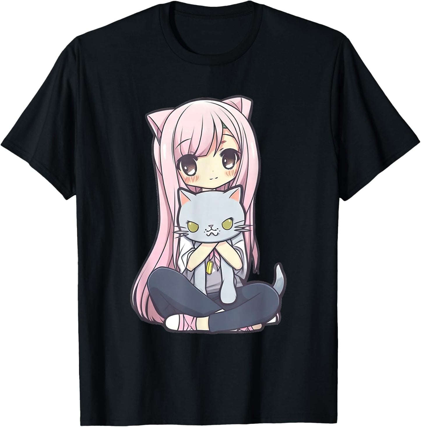 Anime and Cats Kawaii Cute Teen Otaku Girl with Cat T-Shirt - T-Shirt | Black