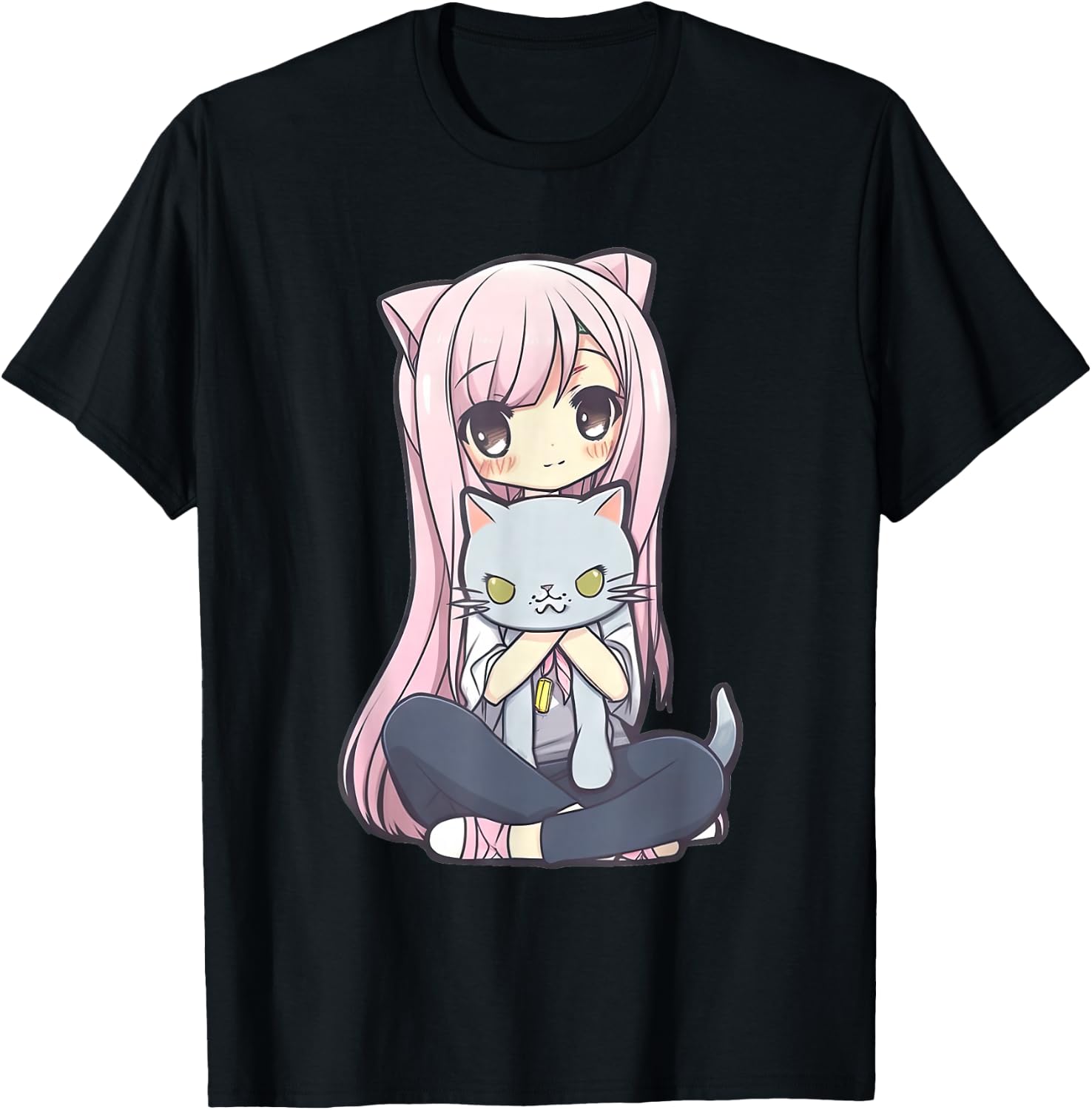 Anime and Cats Kawaii Cute Teen Otaku Girl with Cat T-Shirt - T-Shirt | Black