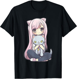 Anime and Cats Kawaii Cute Teen Otaku Girl with Cat T-Shirt - T-Shirt | Black