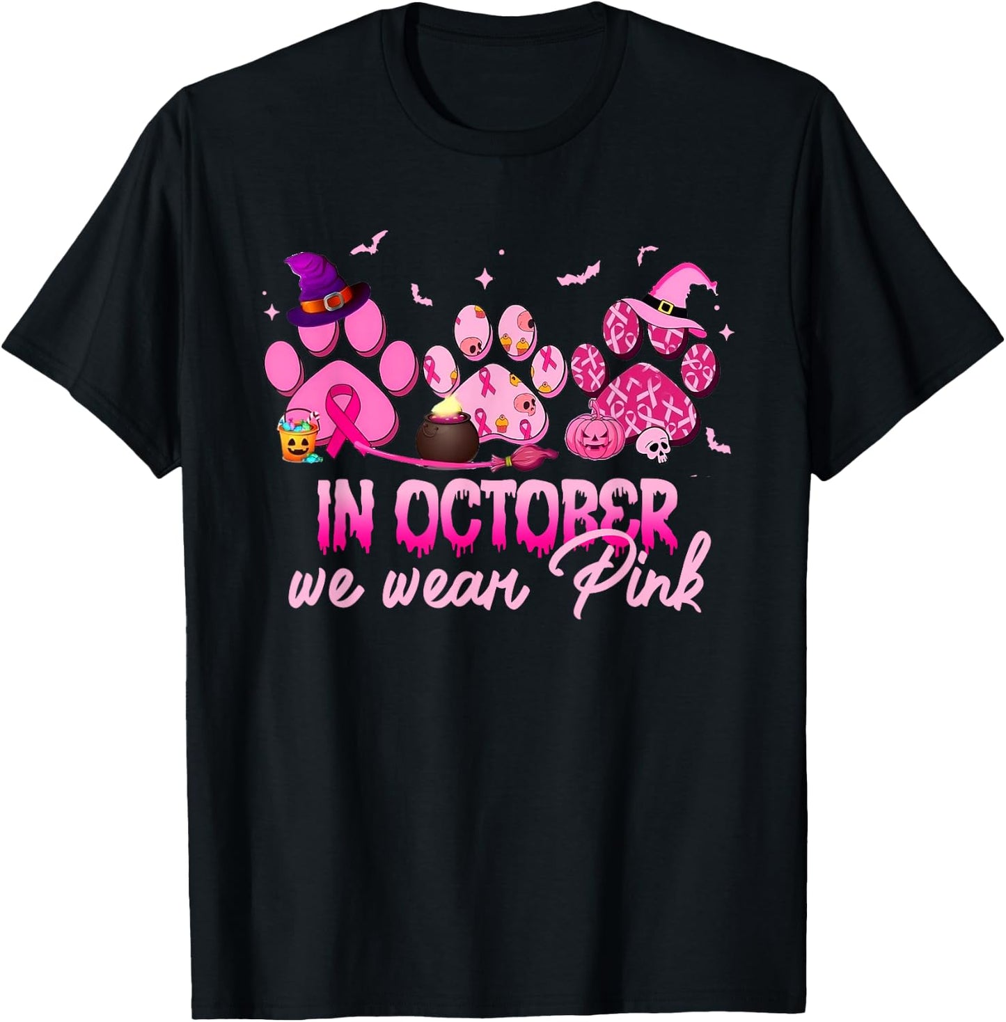 In October We Wear Pink Dog Cat Paw Breast Cancer Awareness T-Shirt - T-Shirt | Black