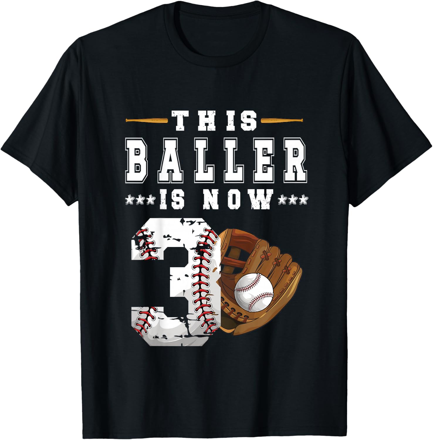 Kids 3rd Birthday Baseball Boy Three Year Old Baseball Player T-Shirt - T-Shirt | Black