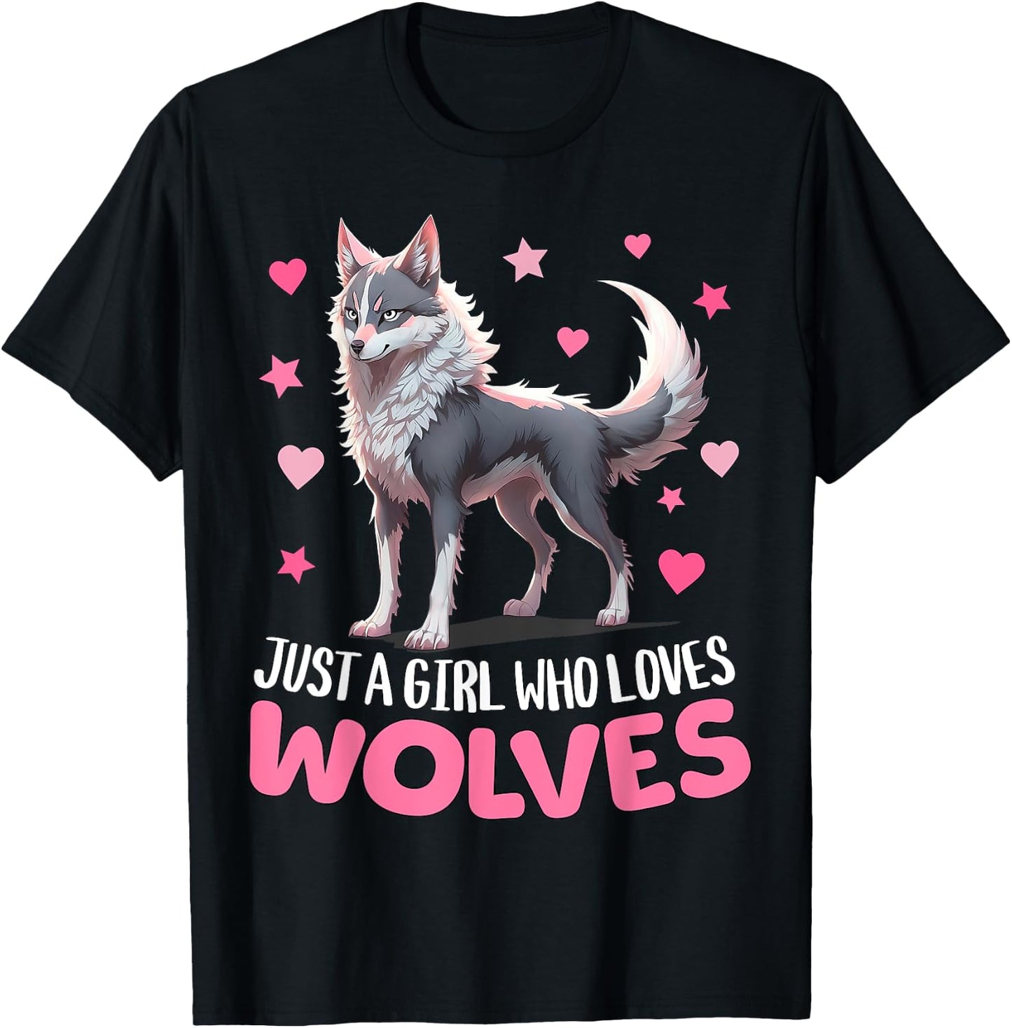 Just A Girl Who Loves Wolves - Cute Grey & Pink Cyber Wolf T-Shirt - T-Shirt | Black