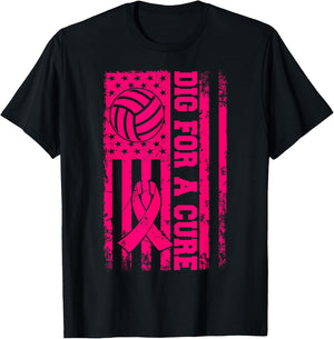Dig For A Cure Breast Cancer Volleyball Pink American Flag T-Shirt - T-Shirt | Black
