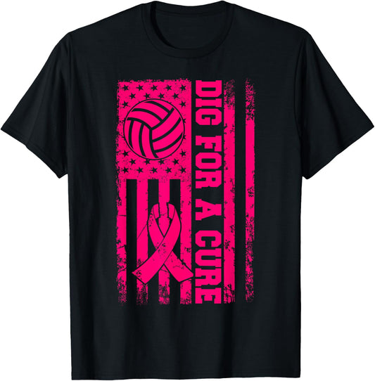 Dig For A Cure Breast Cancer Volleyball Pink American Flag T-Shirt - T-Shirt | Black