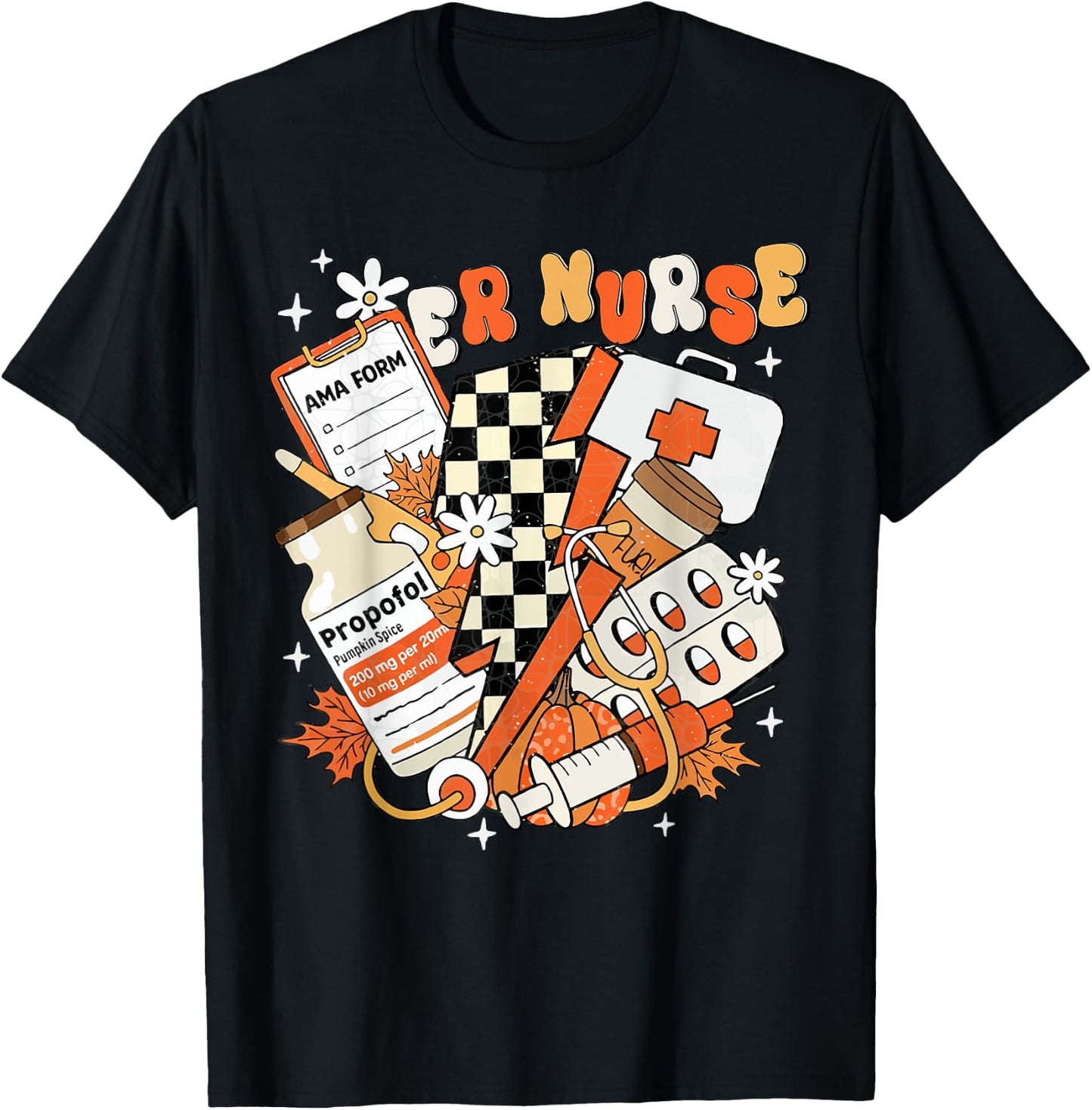 ER nurse Thanksgiving Autumn Fall groovy Emergency nurse T-Shirt - T-Shirt | Black