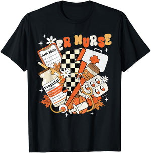 ER nurse Thanksgiving Autumn Fall groovy Emergency nurse T-Shirt - T-Shirt | Black