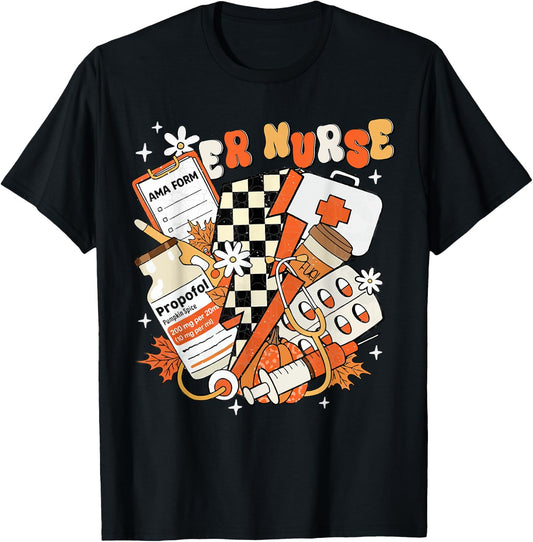 ER nurse Thanksgiving Autumn Fall groovy Emergency nurse T-Shirt - T-Shirt | Black