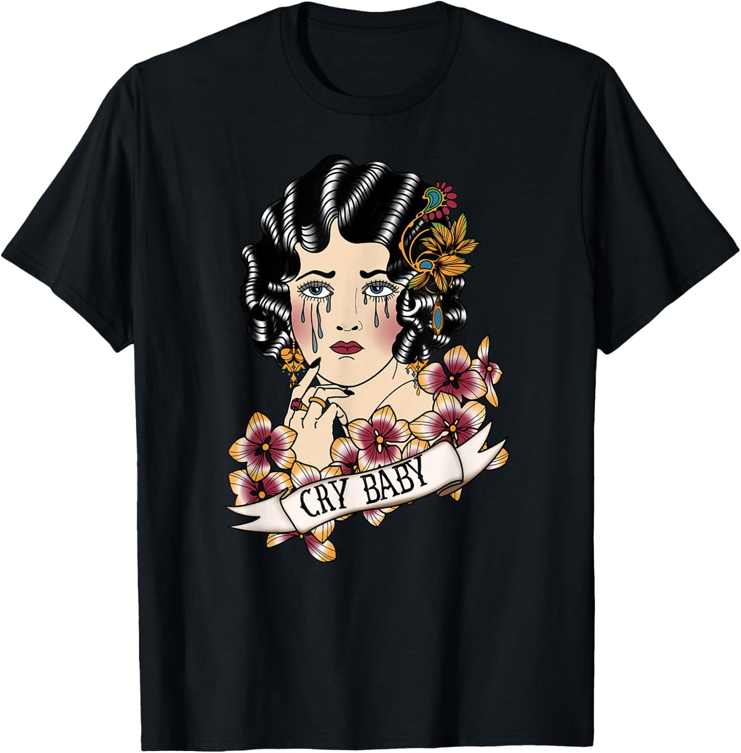 Cry Baby American Traditional, Old School Lady Tattoo T-Shirt - T-Shirt | Black
