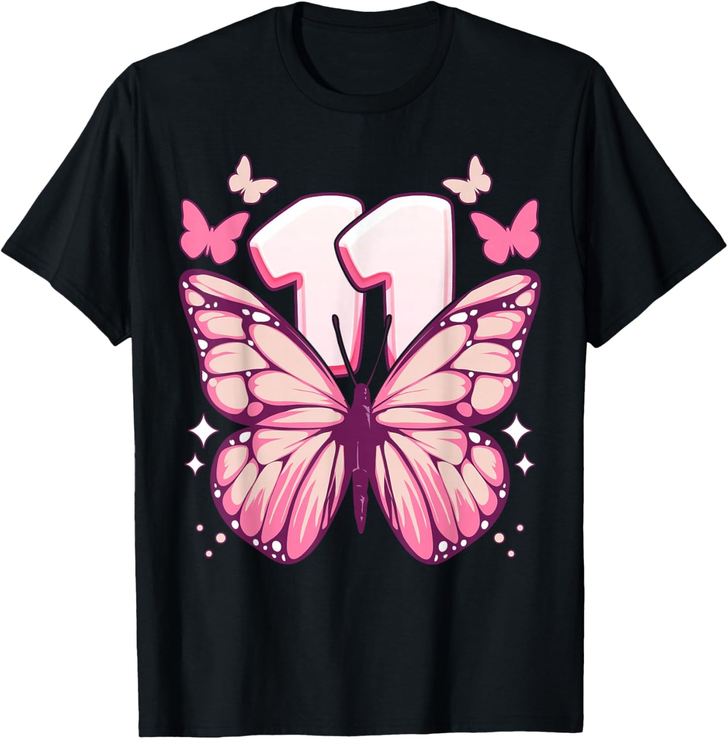 Birthday Girl 11 Years Butterflies and Number 11 T-Shirt - T-Shirt | Black