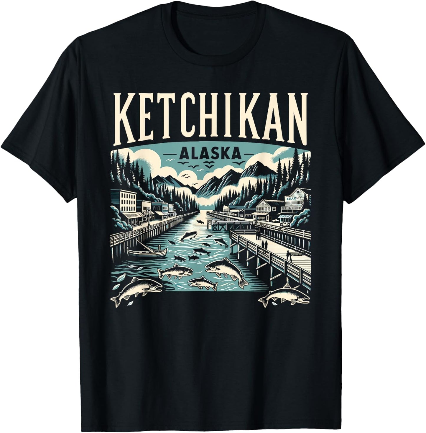 Ketchikan Alaska AK Vintage Graphic Salmon Capital Fishing T-Shirt - T-Shirt | Black
