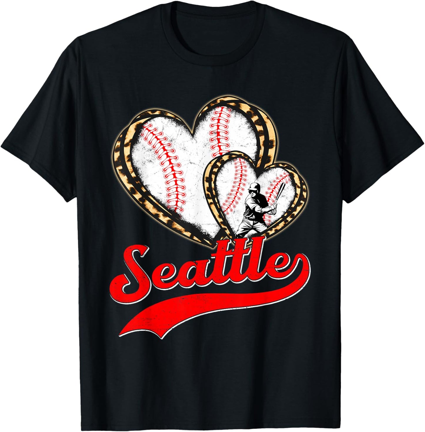 Vintage Seattle Baseball Leopard Heart Baseball Fans T-Shirt - T-Shirt | Black