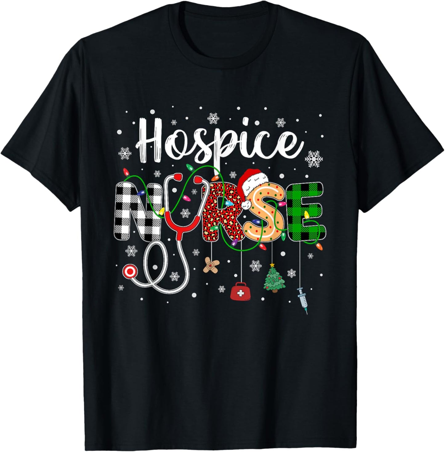 Hospice Nurse Xmas Santa Hat Nursing Christmas Pattern T-Shirt - T-Shirt | Black